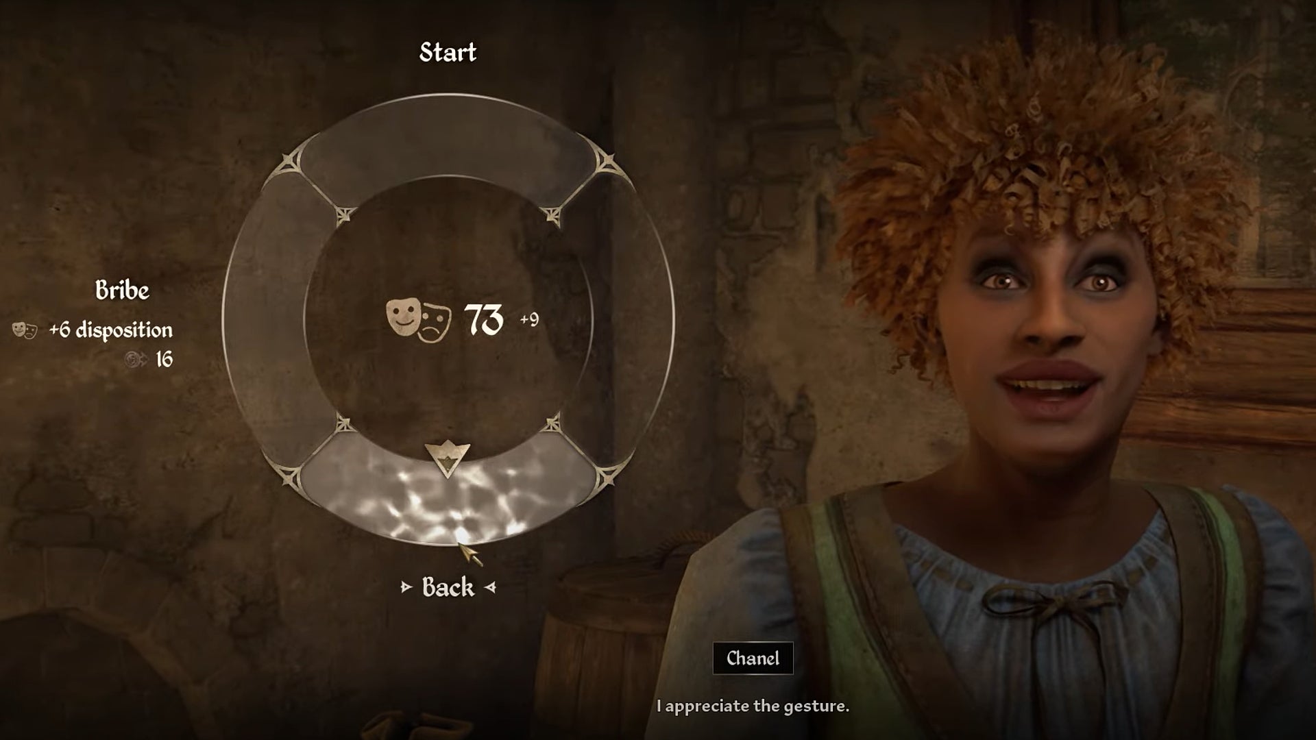 The disposition mini-game in The Elder Scrolls IV: Oblivion Remastered, performed with an NPC named Chanel. - 5