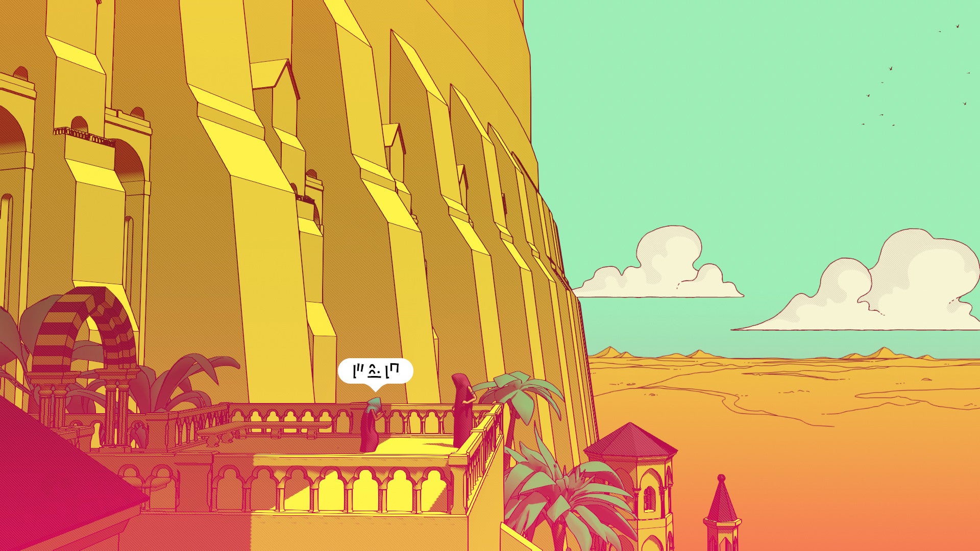 Chants of Sennaar screenshot showing a large yellow building to the left in a wide orange desert to the right, with pastel turqoise sky and deep pink characters.
