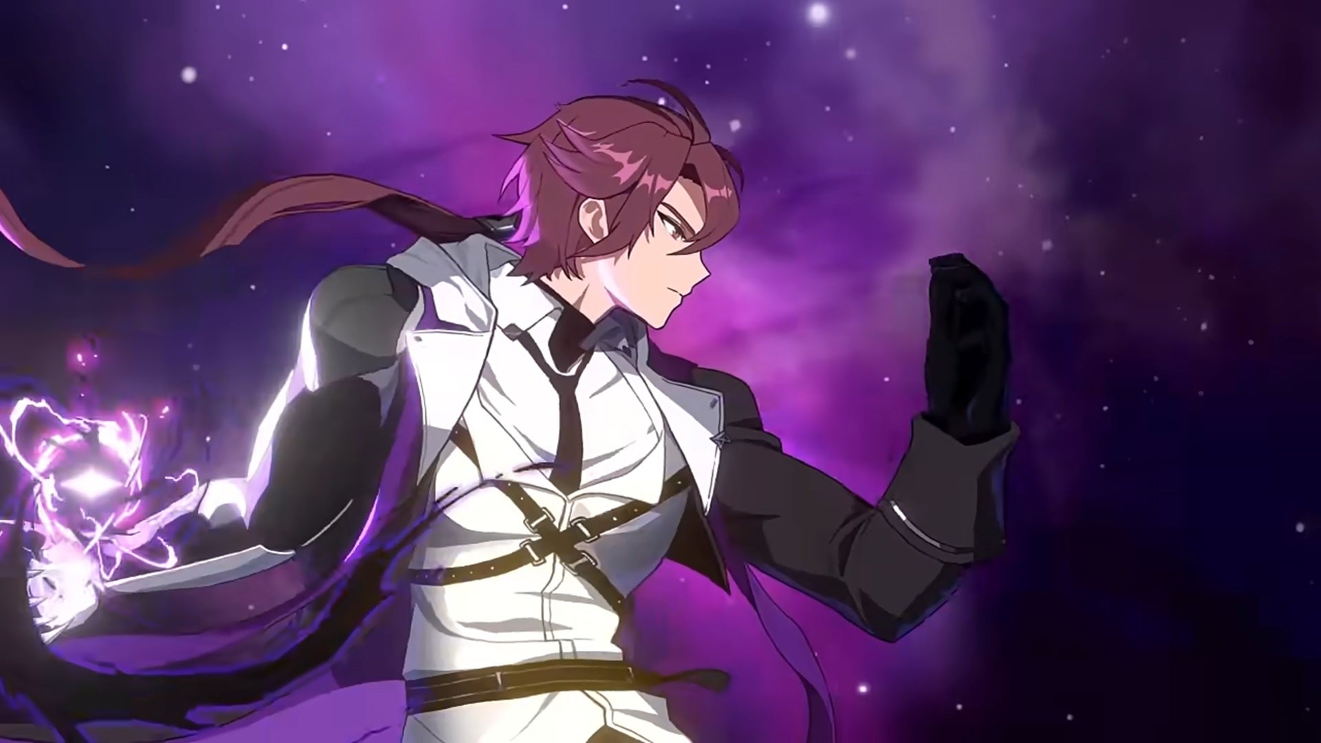 Chaos Zero Nightmare's Kayron wields a handful of lightning against a deep purple background. - 3