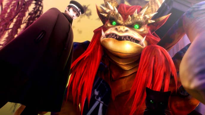 Raidou Kuzunoha stands next to a demon spider, staring grimly into the camera