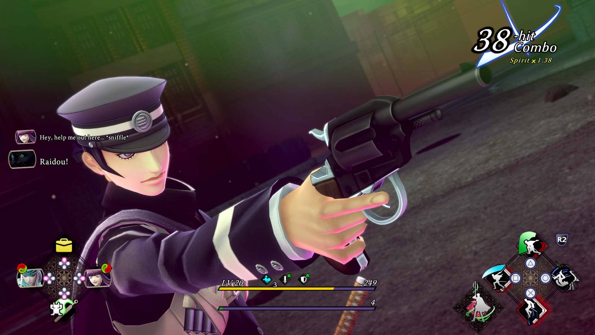 Raidou Kuzunoha fires a gun at an off-screen opponent.