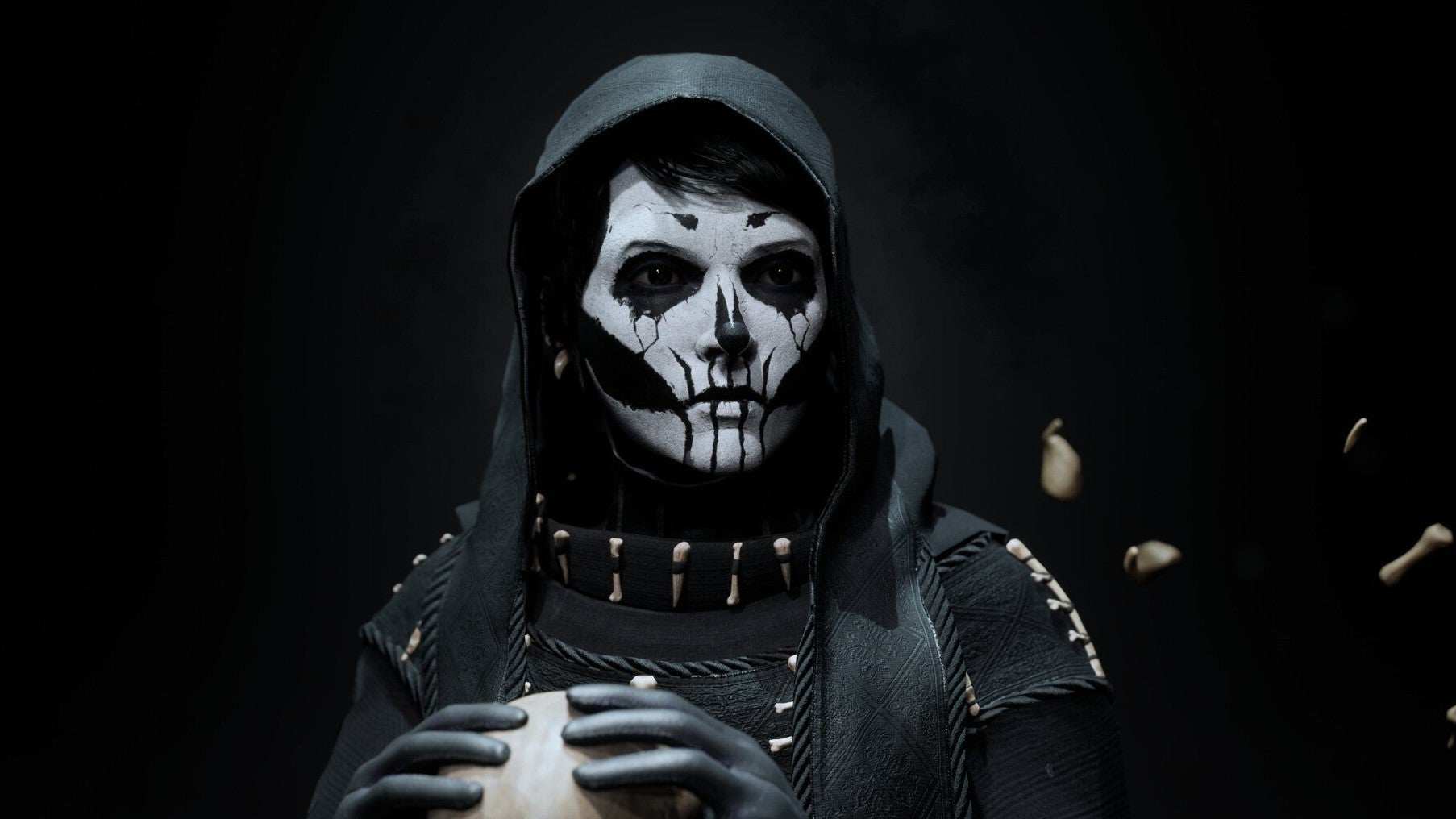 Character artwork by Lars Bundvad-Åmodt showing a female figure in black clothing with skeletal accents