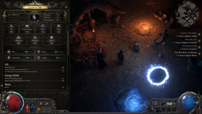 A Witch character’s Attribute and stat sheet in Path of Exile 2.