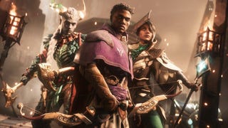 Three characters from Dragon Age: The Veilguard - a horned qunari warrior, a Black male human protagonist, and a white woman with a staff