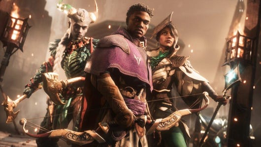 Three characters from Dragon Age: The Veilguard - a horned qunari warrior, a Black male human protagonist, and a white woman with a staff