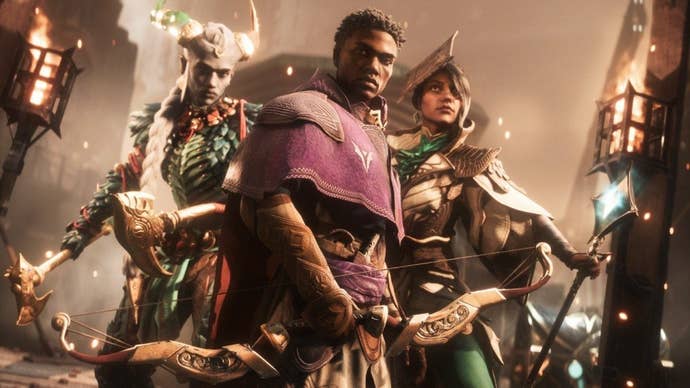 Three characters from Dragon Age: The Veilguard - a horned qunari warrior, a Black male human protagonist, and a white woman with a staff