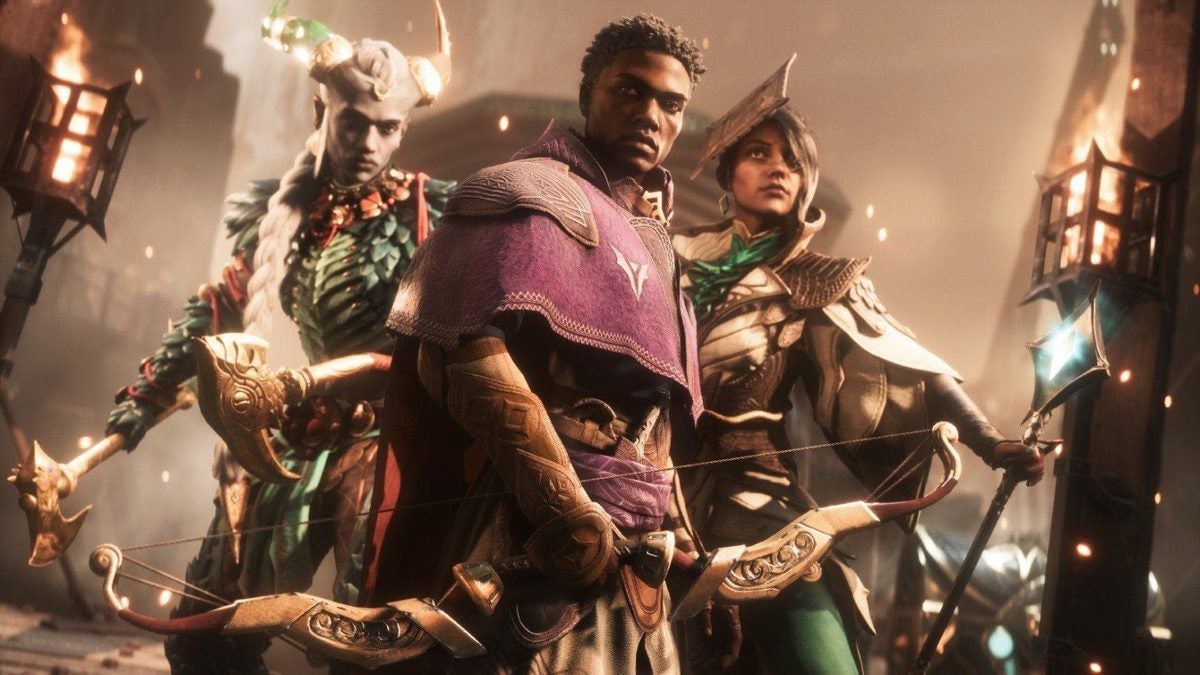 Three characters from Dragon Age: The Veilguard - a horned qunari warrior, a Black male human protagonist, and a white woman with a staff - 1