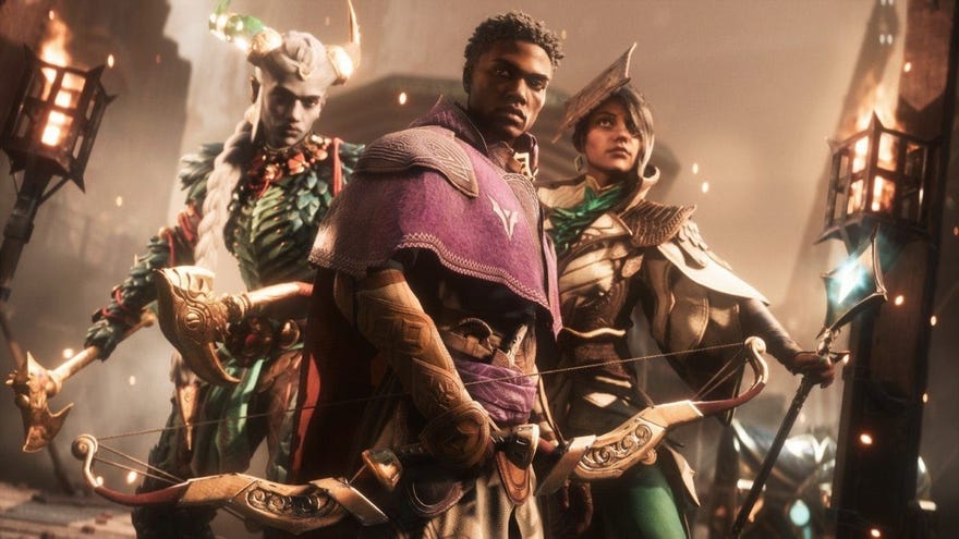 Three characters from Dragon Age: The Veilguard - a horned qunari warrior, a Black male human protagonist, and a white woman with a staff
