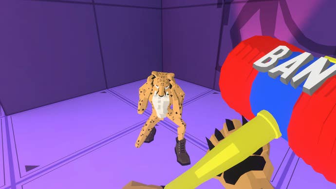 A cheetah cowering from a bonk with the Ban Hammer in Cheaters Cheetah.
