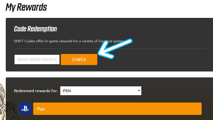Arrow pointing at the “CHECK” button, in the middle of the screen, for entering SHiFT codes.