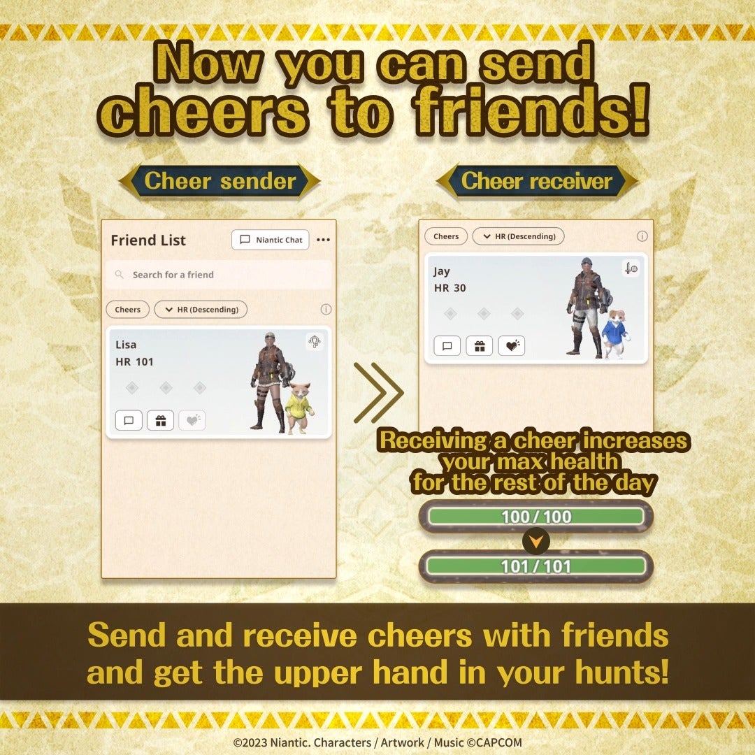 An infographic showing off the cheers functionality in Monster Hunter Now. - 3
