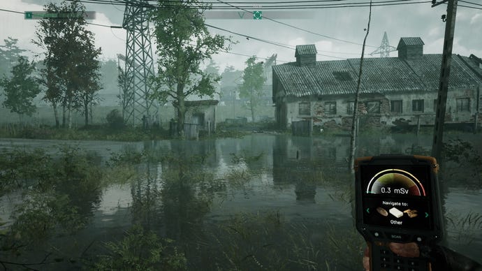 An image from Chernobylite which shows the player holding a PDA scanner in a flooded area occupied by a  crumbling house and plenty of grass poking through the water.