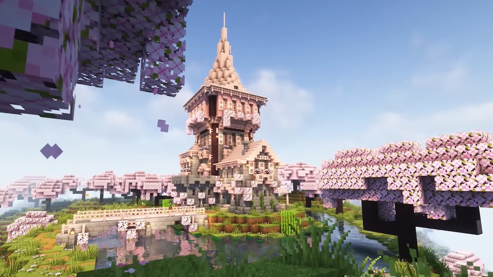 A cherry blossom-decorated castle, built in Minecraft. - 14