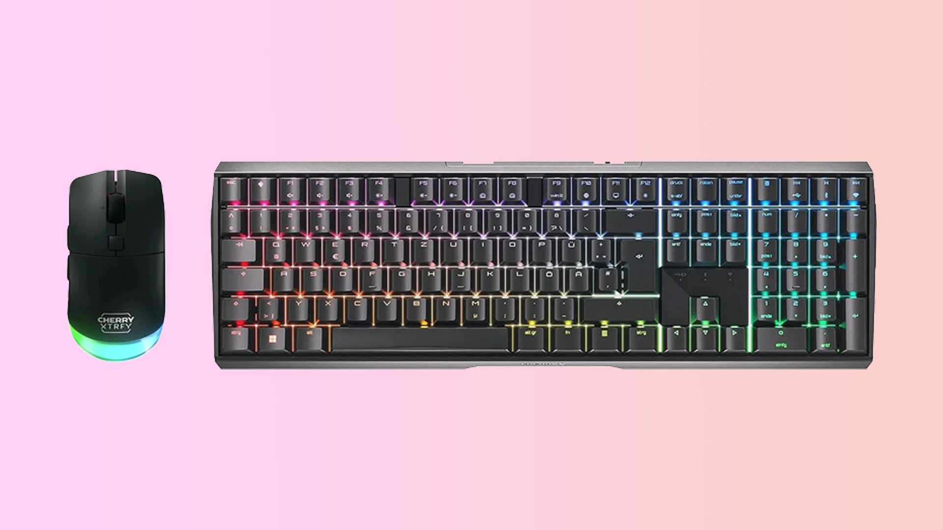 Cherry Xtrfy MX 3.0S Wireless + M50 Wireless peripherals bundle on a gradient background