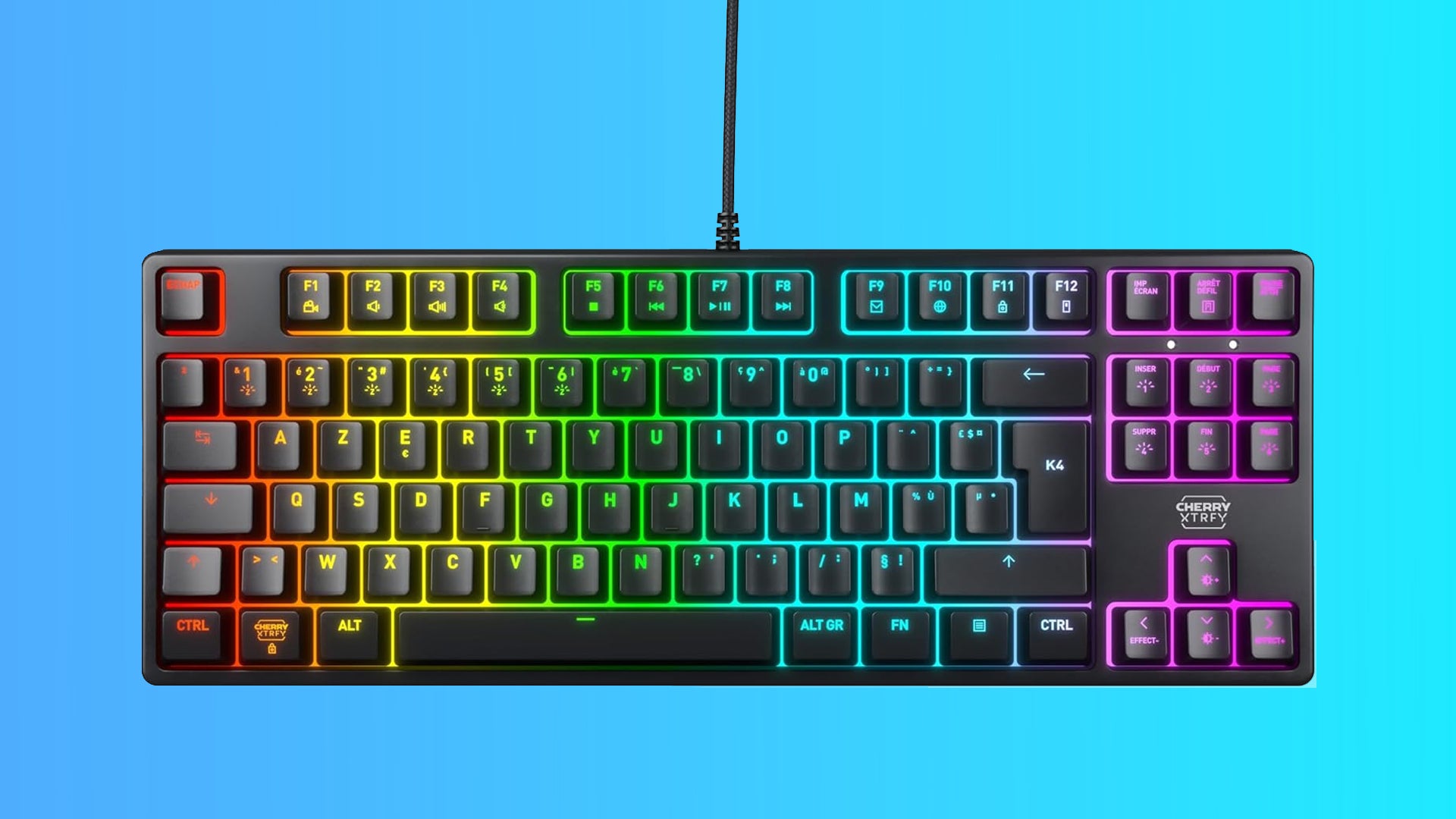 Cherry Xtrfy K4 V2 keyboard in French layout on gradient background