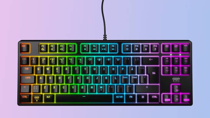 Cherry Xtrfy K4 V2 TKL keyboard in Pan Nordic layout on a gradient background