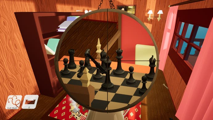 A chess board and pieces in the crosshairs of someone's gun. It's FPS chess.