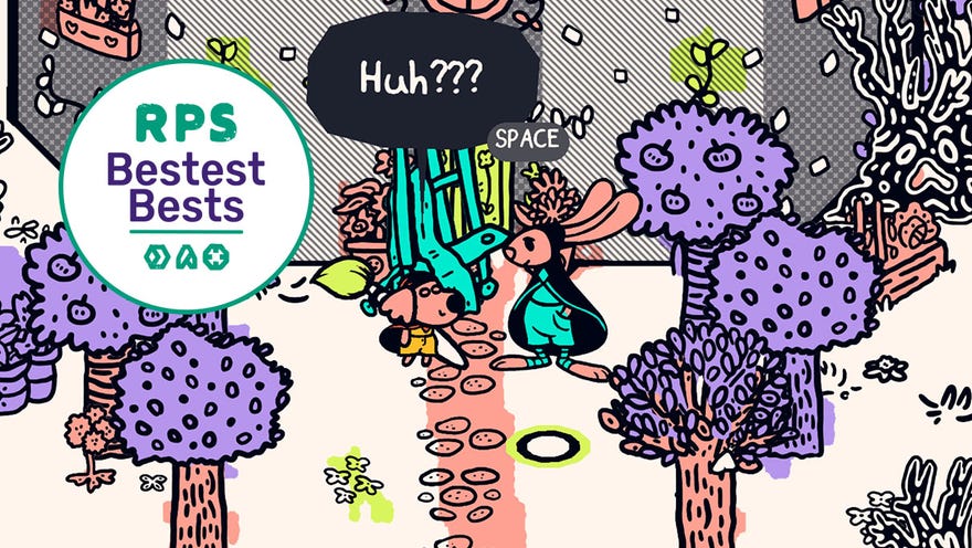 A screenshot of Chicory and the protagonist standing outside the Wielder Tower from Chicory: A Colorful Tale