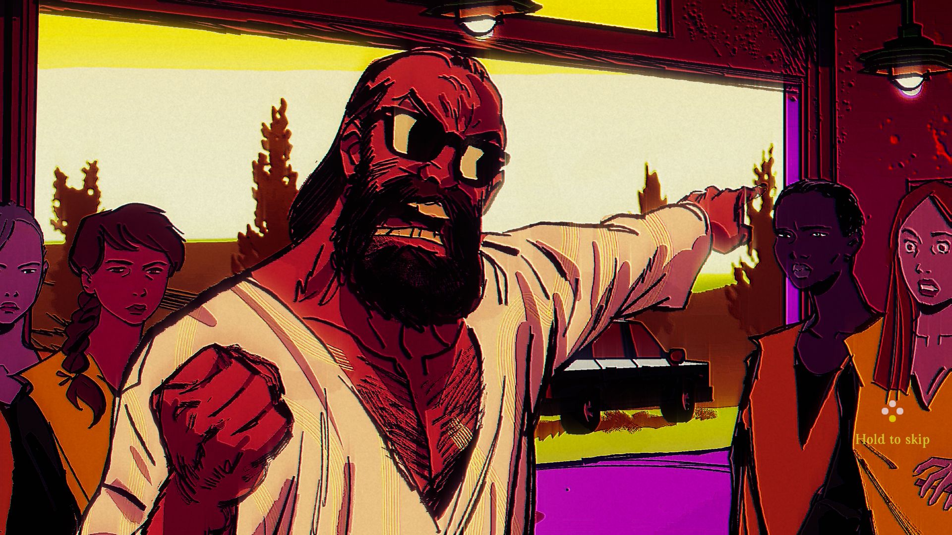 A 2D cutscene in children of the sun showing the cult leader yelling and looking angry - 4