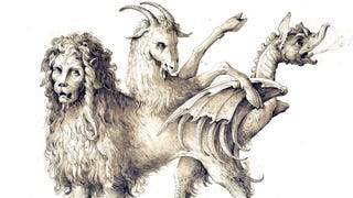 An old drawing of a four-legged chimera monster with a lion, goat and serpent head