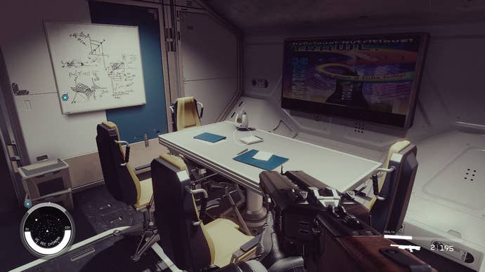 A table and chairs on a starship in Starfield.