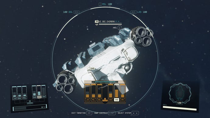 A close-up targeting mode view of a large military ship in Starfield.