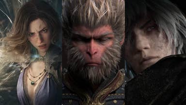 Triptych of Chinese action RPGs: Gwendolyn from Tides of Annihilation, the monkey from Black Myth: Wukong, and the mysterious protagonist from Phantom Blade Zero