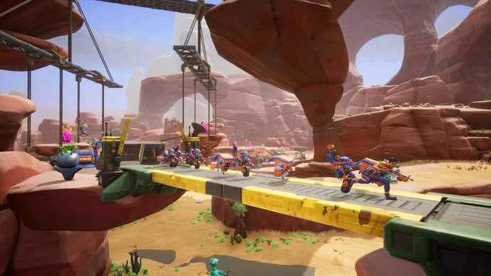 Chip n Clawz vs the Brainioids screenshot showing action on a sandy map’s bridge