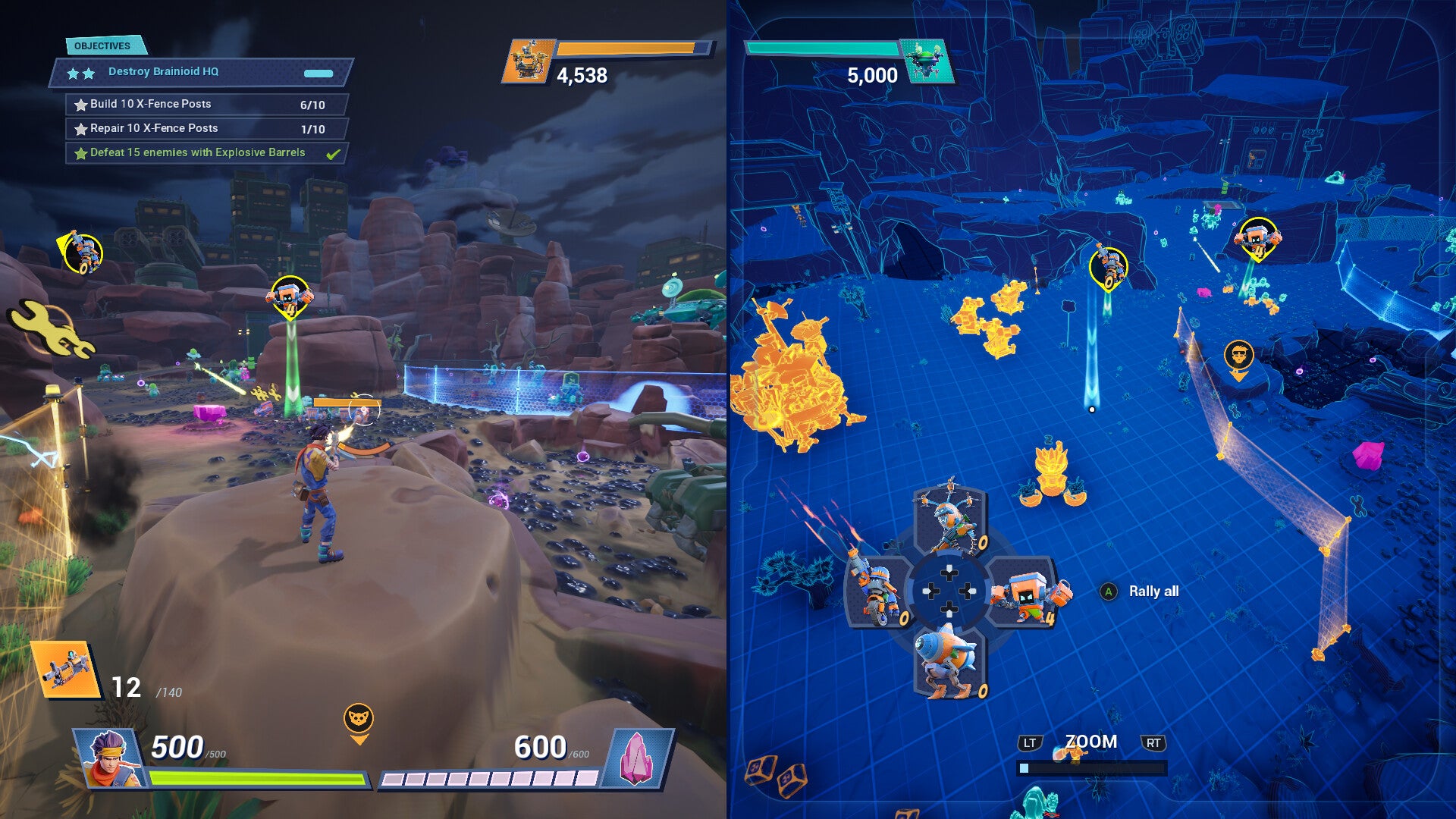 A split screen shows real time and strategy interfaces in Chip ‘n Clawz vs. The Brainioids. - 4