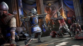 A promotional Chivalry 2 screenshot of a battle between Agatha Knights and the Mason Order in a throne room.