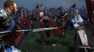 A screenshot of Chivalry 2 showing men with swords on a battlefield, rushing at each other and screaming.