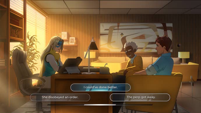 A superhero woman sits behind a desk as two much more plain male characters sit in chairs opposite her.