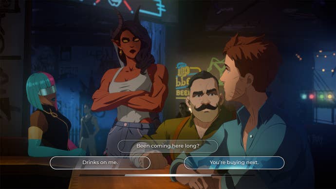 A group of surly looking characters sits in a bar, and the male character in the foreground makes a dialogue choice.