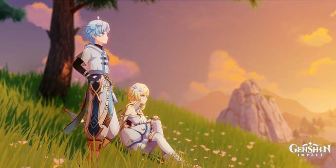 Chongyun and Traveler sit on a hill in Liyue and watch the sunset.