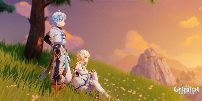 Chongyun and Traveler sit on a hill in Liyue and watch the sunset.