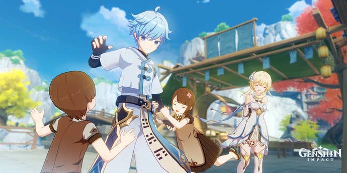 Chongyun and Traveler play alongside some children in Liyue.