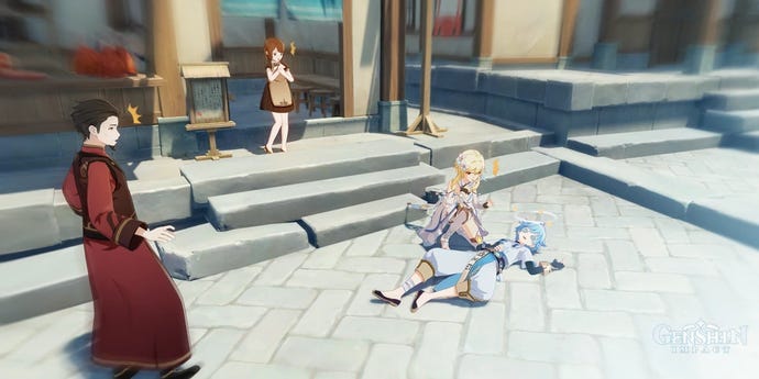 Traveler helps Chongyun, who’s passed out on the street in Liyue.