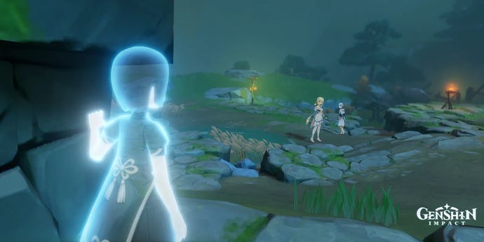 A ghost waves goodbye to Chongyun and Traveler as they leave Wuwang Hill.