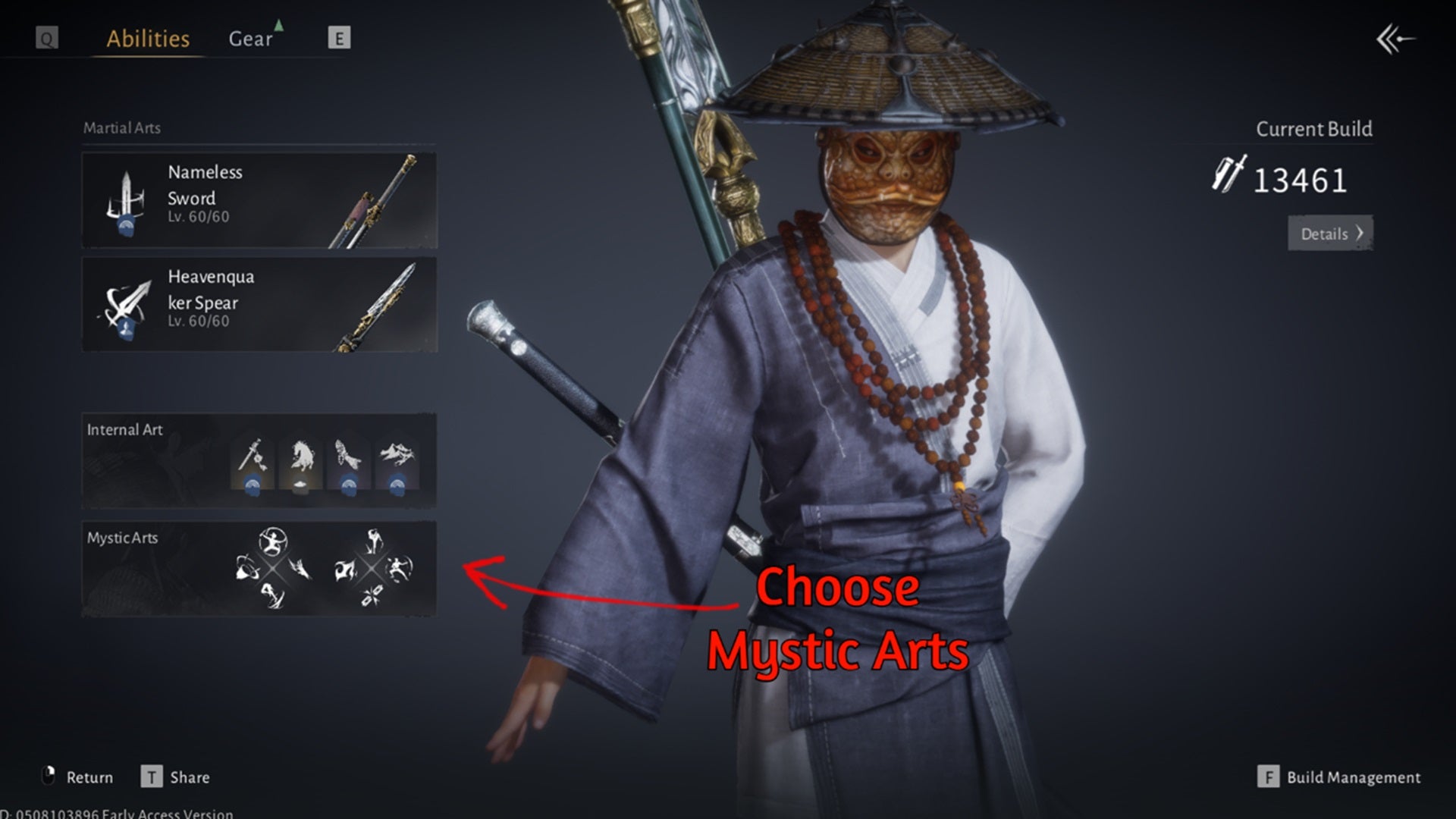 The Develop menu in Where Winds Meet. The Mystic Arts section is highlighted with a red arrow. - 5