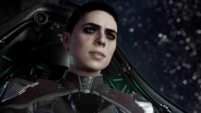 A close-up of Nara’s face as she pilots her spaceship in a Chorus screenshot.