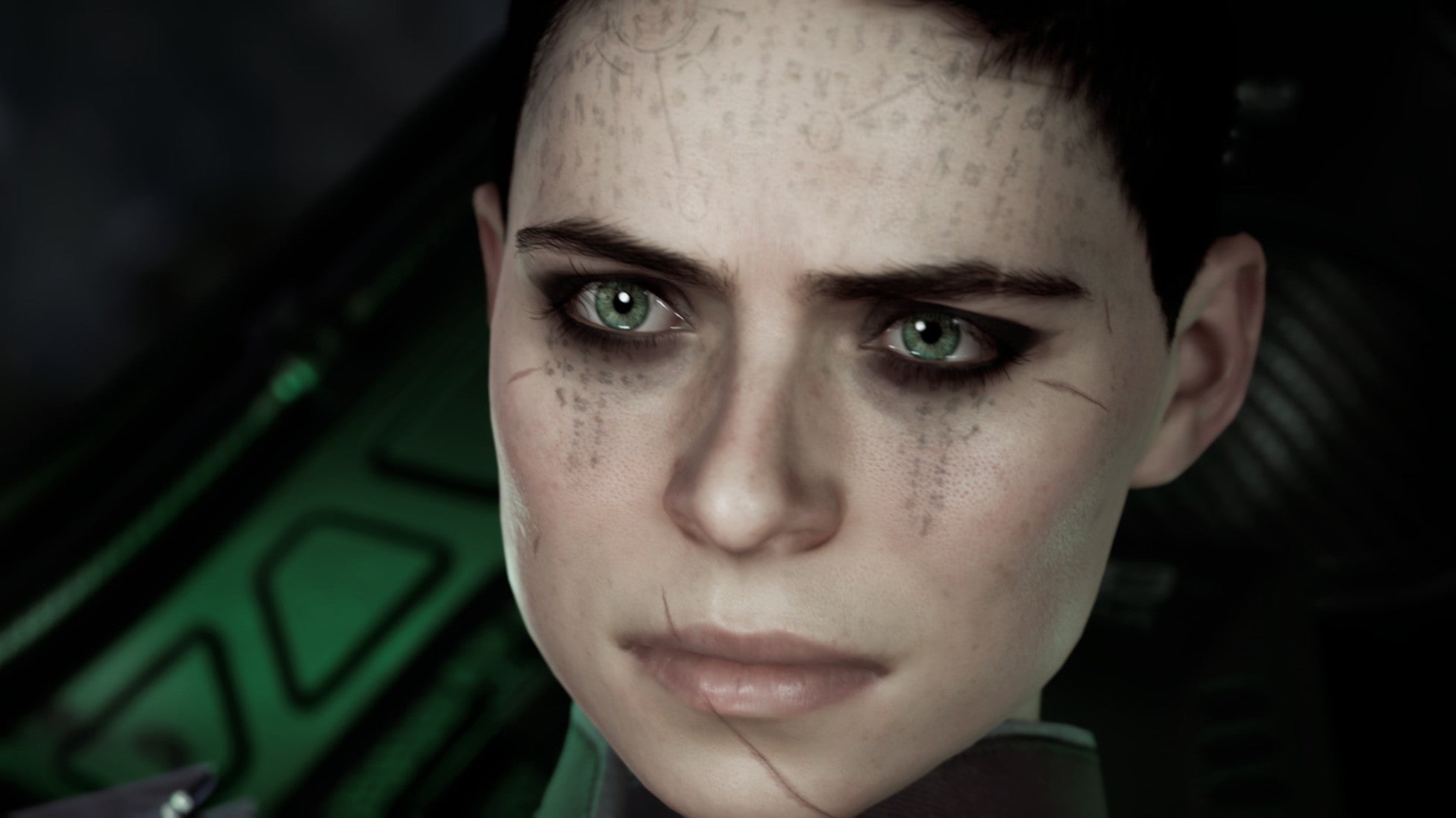 A close-up of Nara&rsquo;s face as she pilots her spaceship in a Chorus screenshot.