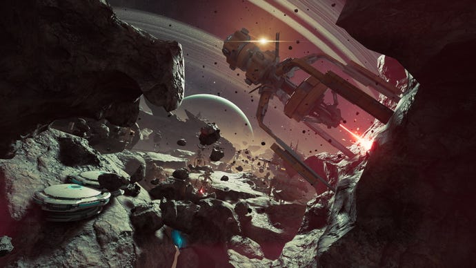 Forsaken flies through asteroids on the Path To The Enclave in Chorus