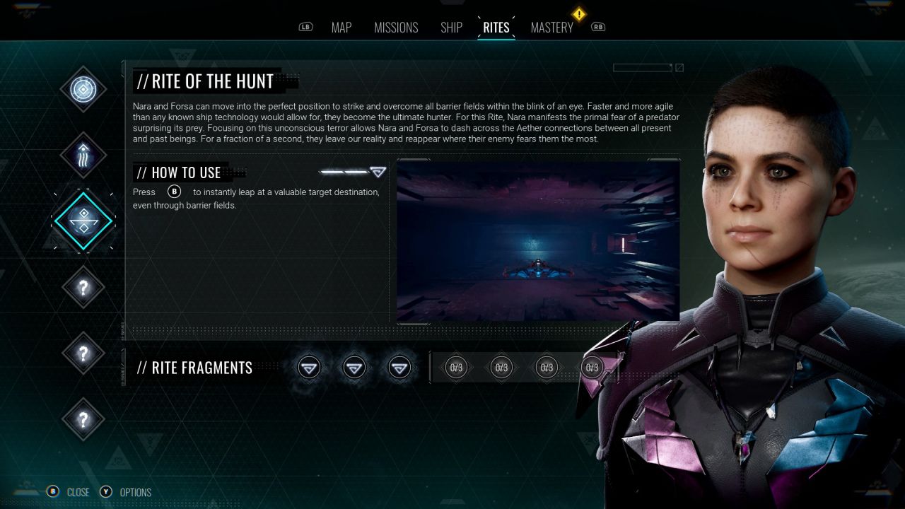 A menu screen from the game Chorus showing protagonist Nara&rsquo;s different combat abilities - or Rites