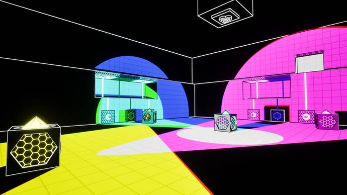 Numerous boxes emitting different colours positioned at different sensors in Chromatic Conundrum.