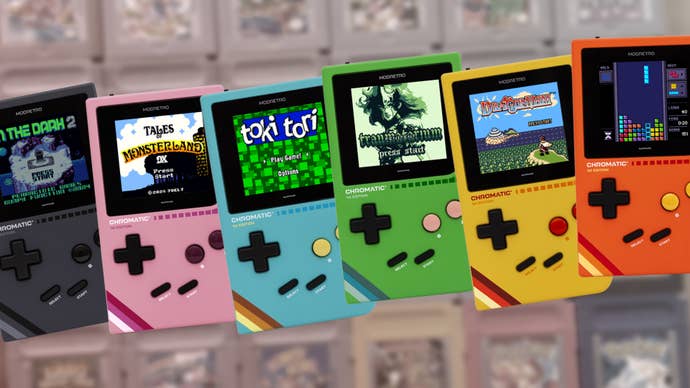 Chromatic background image of Game Boy carts, with a series of hardware machines overlaid.