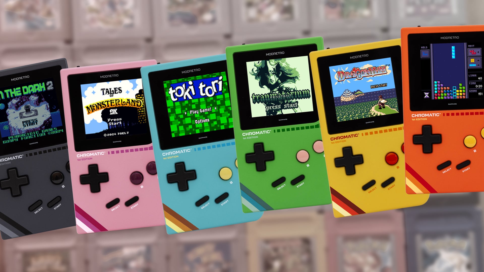 Chromatic background image of Game Boy carts, with a series of hardware machines overlaid. - 1
