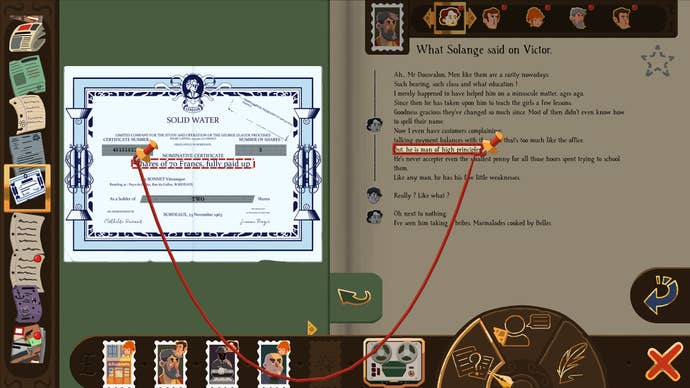 An evidence board and testimony menu connected together by red string in Chronique Des Silencieux