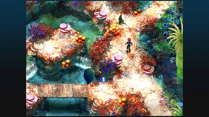 A boy runs across a coral beach scene in Chrono Cross: The Radical Dreamers Edition