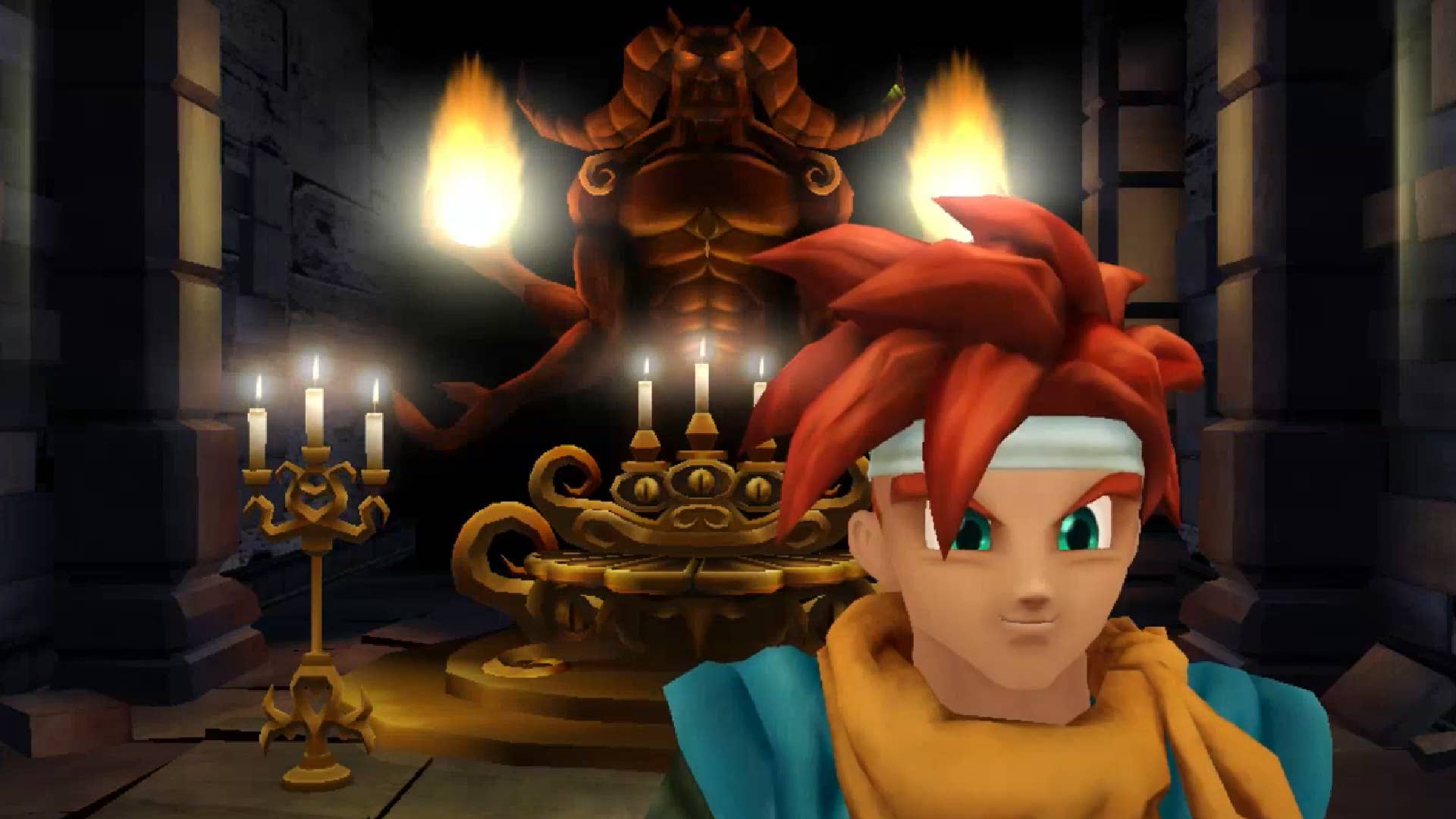 A 3D Crono model from the unfinished revival of Fangame Chrono. He stands in an equally cool 3D recreation of Chrono Trigger's Magus throne.