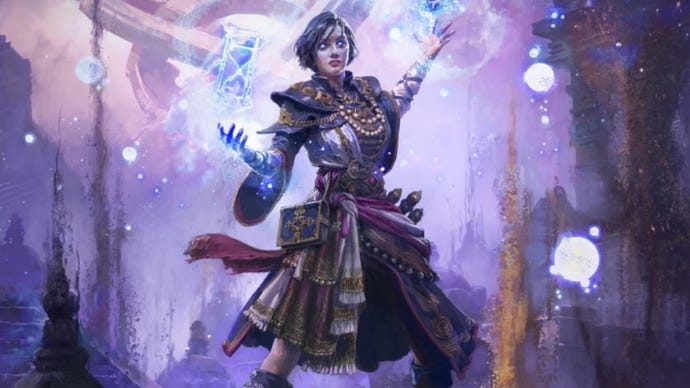 Artwork of the Chronomancer Ascendancy in Path of Exile 2, showing the Sorceress standing before circular, clock-like mechanisms and channeling purple orbs around her.